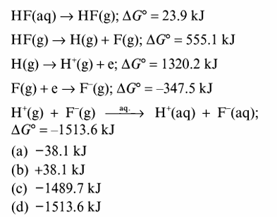 Chemistry diagram for: Calculate the standard free energy change for the ionization: (aq) -> H+(aq) + F-(aq) from the following data: (aq) -> (