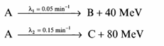 Chemistry diagram for: For the parallel radioactive decay: A --(lambda_1 = 0.05 min^-1)--> B + 40 MeV, A --(lambda_2 = 0.15 min^-1)--> C + 80 M